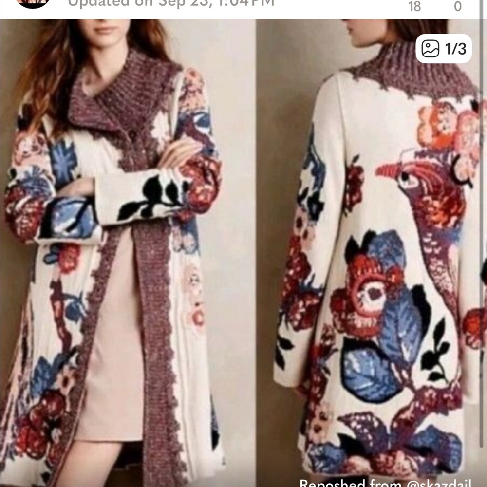 Anthropologie Floral Embroidered Cardigan - Cream and Multicolor